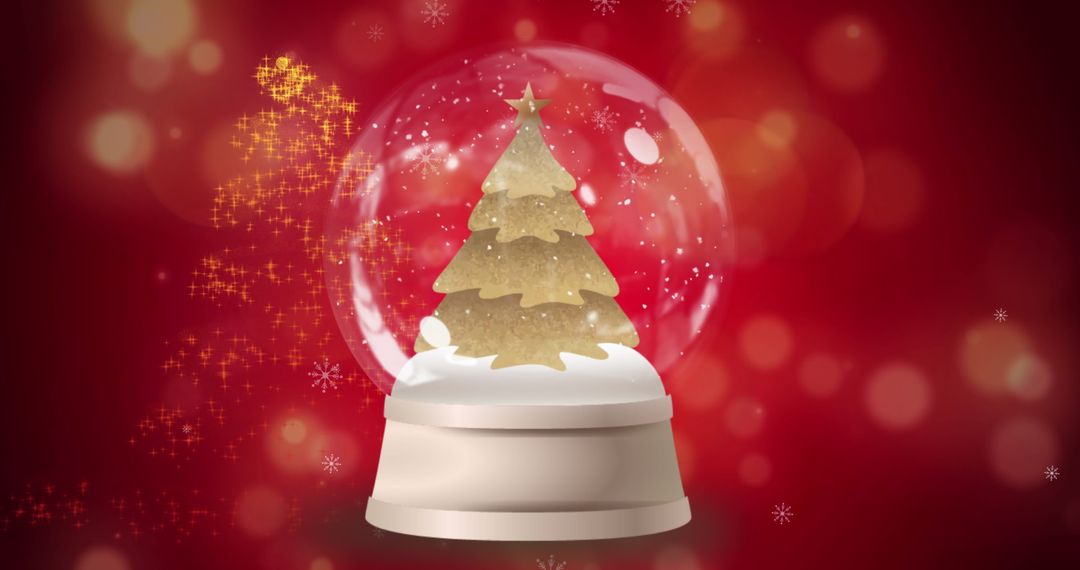 Festive Snow Globe with Christmas Tree on Sparkling Red Background