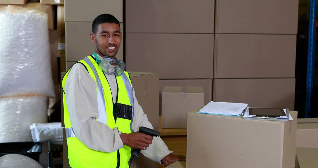 Warehouse Worker Smiling and Scanning Packages in Storehouse - Free Images, Stock Photos and Pictures on Pikwizard.com