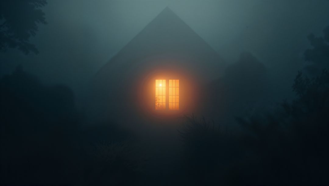 Tranquil Glowing Window in Misty Forest Clearing