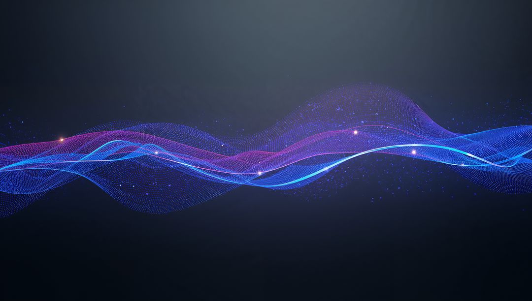 Neon Blue and Magenta Waveforms Flowing Across Dark Tech Space with Glowing Nodes, Dotted Mesh