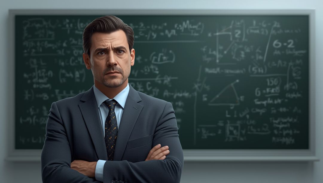 Confident Math Teacher Standing Before Formula-Studded Chalkboard