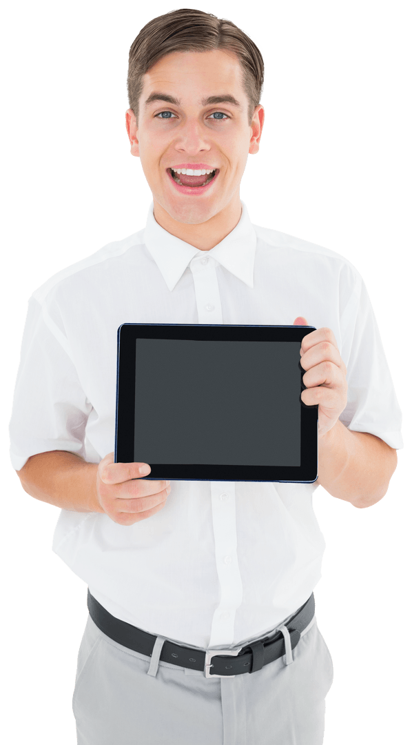Young Businessman Holding Tablet on Transparent Background