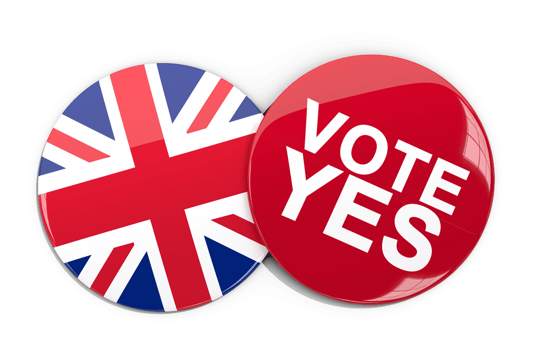 Transparent Election Buttons with UK Flag and Vote Yes Text