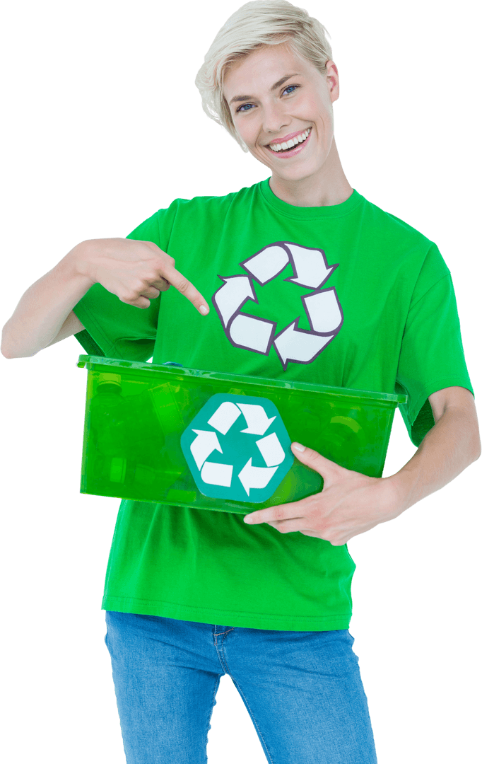 Ecology Enthusiast Holding Recycle Bin on Transparent Background