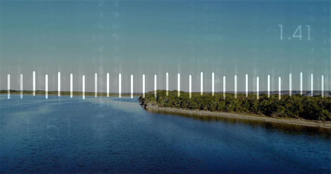 Scenic Coastal Inlet with Digital Overlay Creating Tranquil Vibe