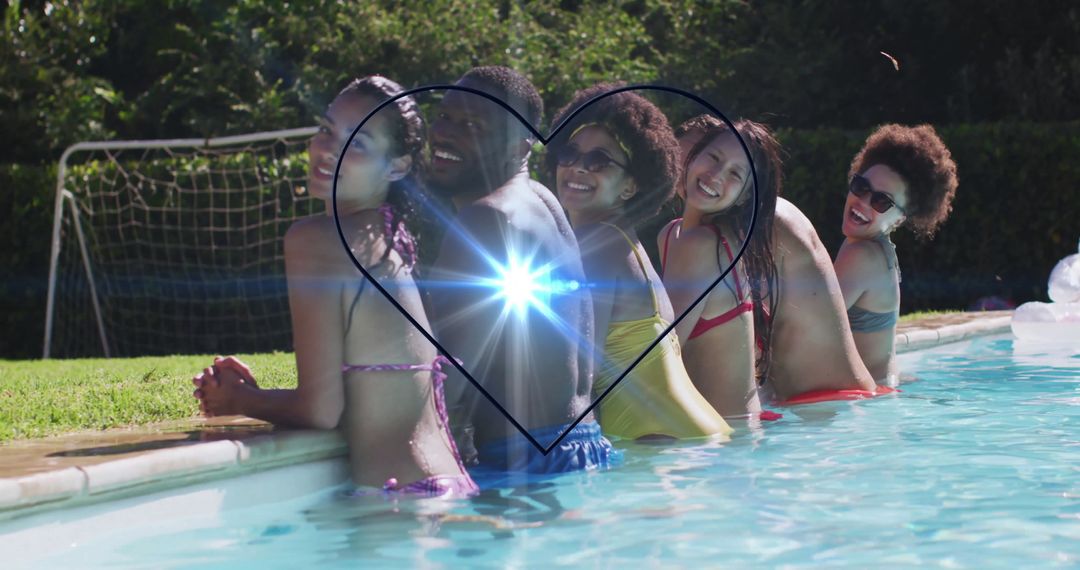 Friends Enjoying Poolside Fun with Heart Flare Effect
