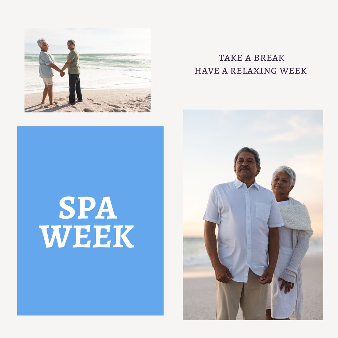 Mature Couple Relaxing on Beach Promoting Spa Week