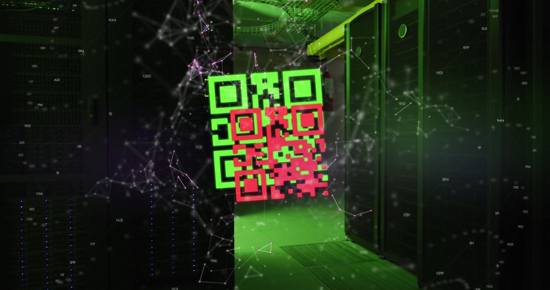 Futuristic QR Code Overlaying Server Room Architecture