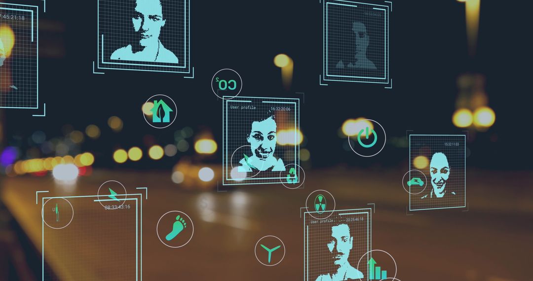 Futuristic Biometric Data over a Cityscape at Night