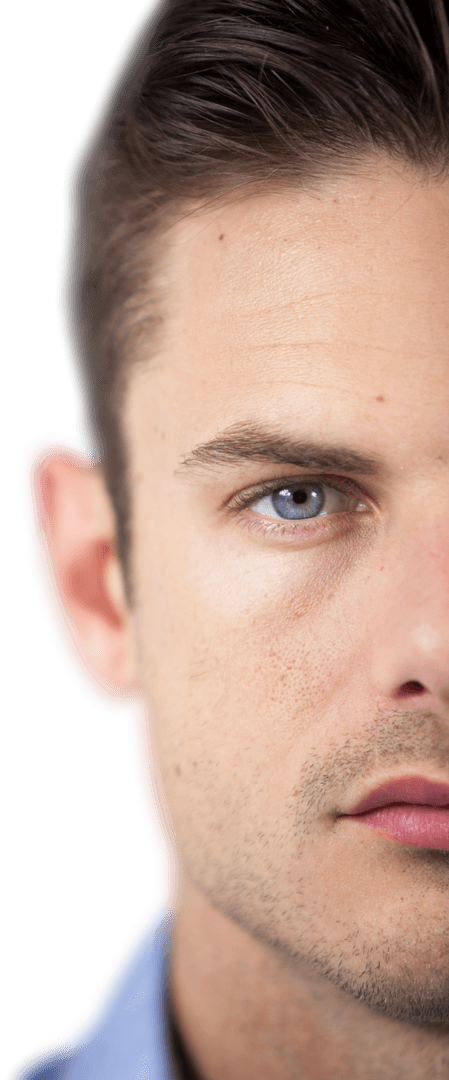 Transparent Half Face of Man with Blue Eyes and Expressions