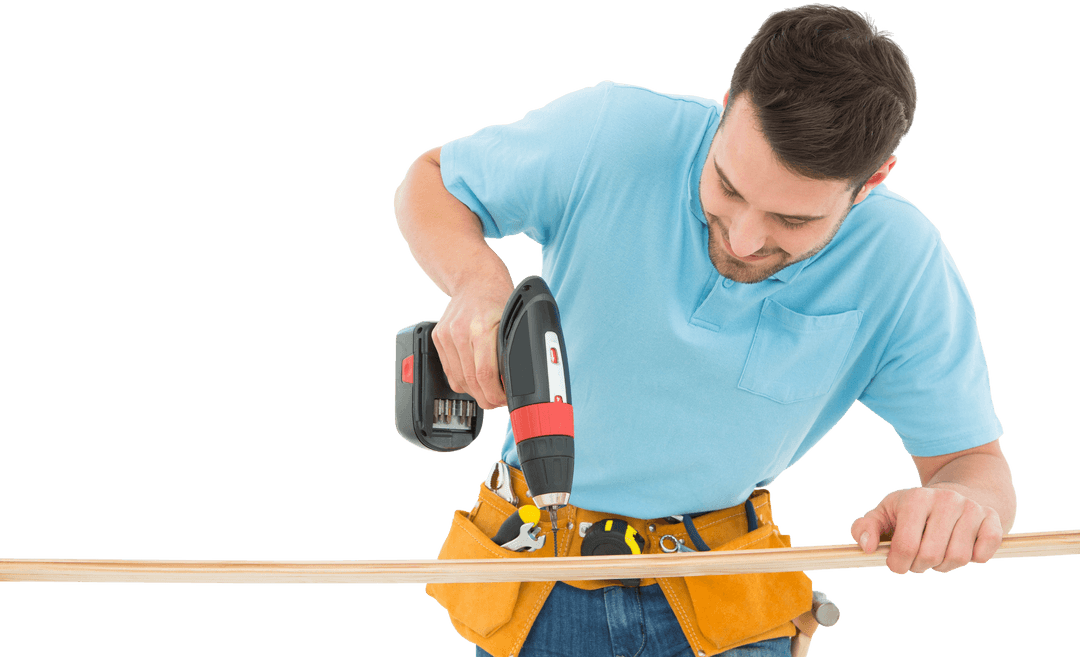 Transparent Background Man Using Hand Drill on Wood Plank