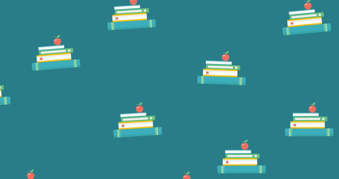 Seamless Pattern with Books and Apples on Green Background