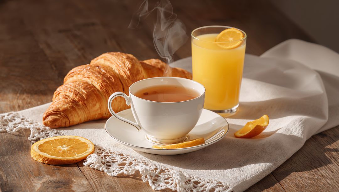 Steaming white teacup with golden croissant and glass of orange juice on rustic table