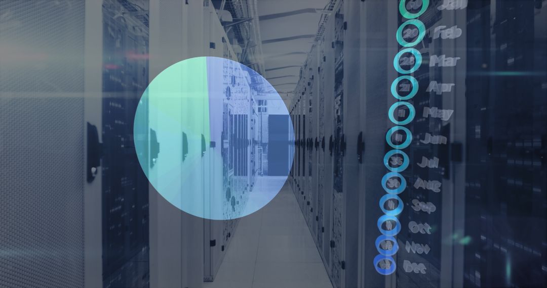 Futuristic Data Processing Overlay on Server Room Corridor