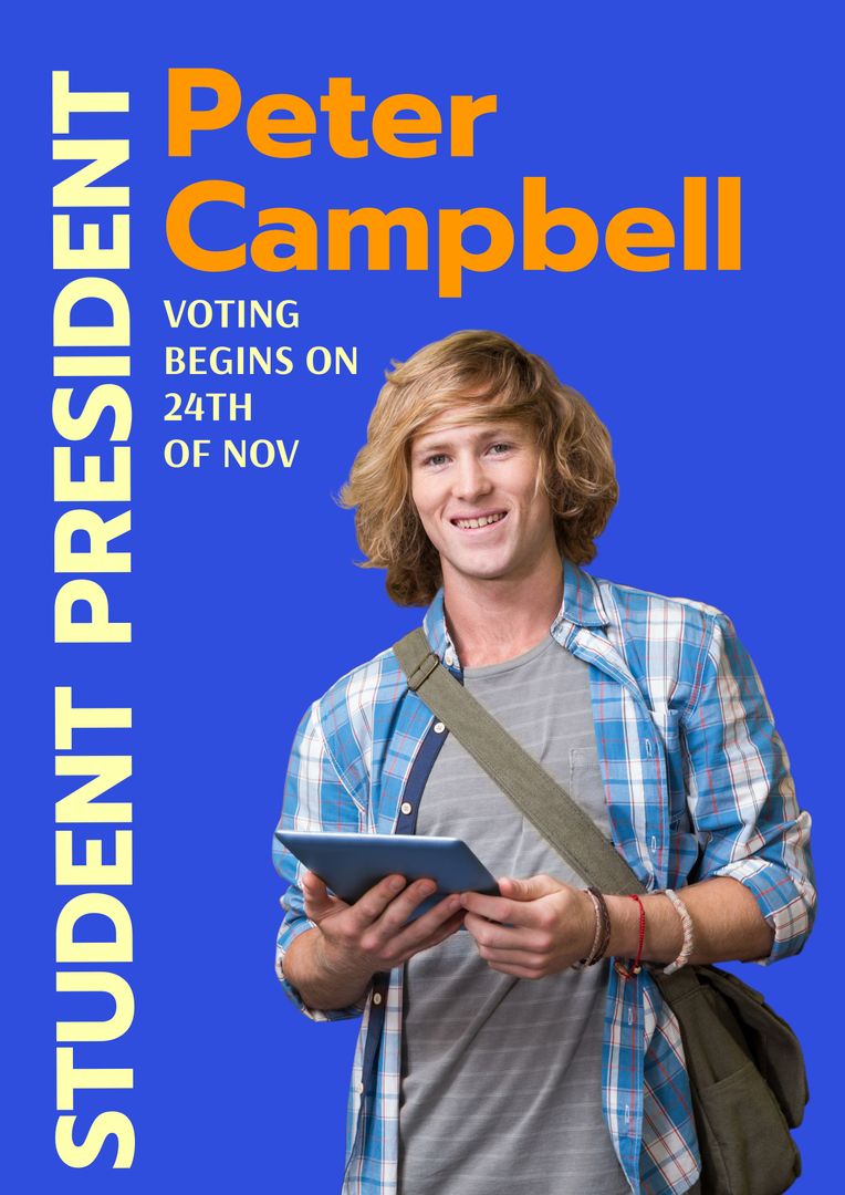 Young Candidate Promoting Student Elections with Tablet and Flyer - Download Free Stock Templates Pikwizard.com