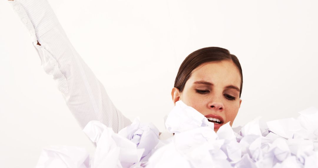 Overwhelmed Woman Buried under Crumpled Papers in Office - Free Images, Stock Photos and Pictures on Pikwizard.com