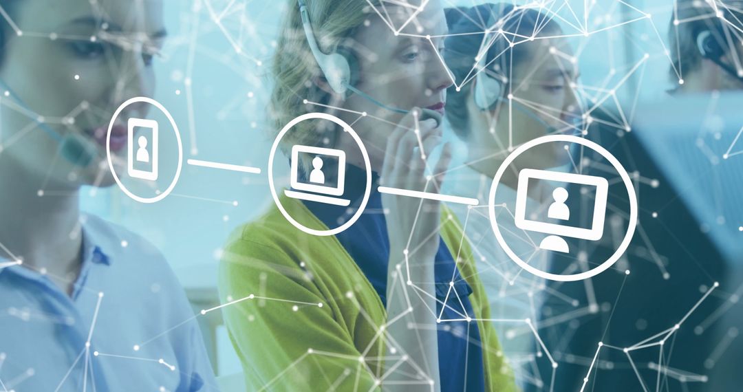 Customer Service Team with Technology Interface Overlay