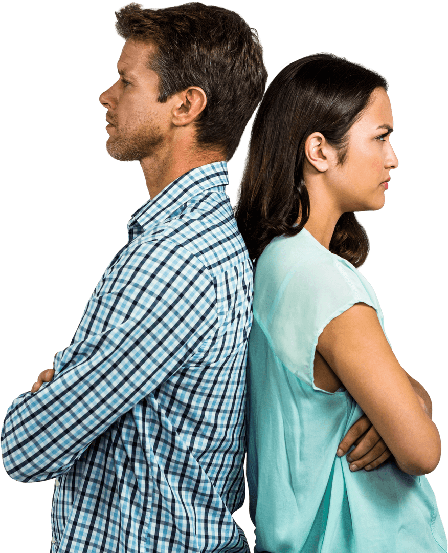Transparent Displeased Couple Standing Back to Back, Arms Crossed