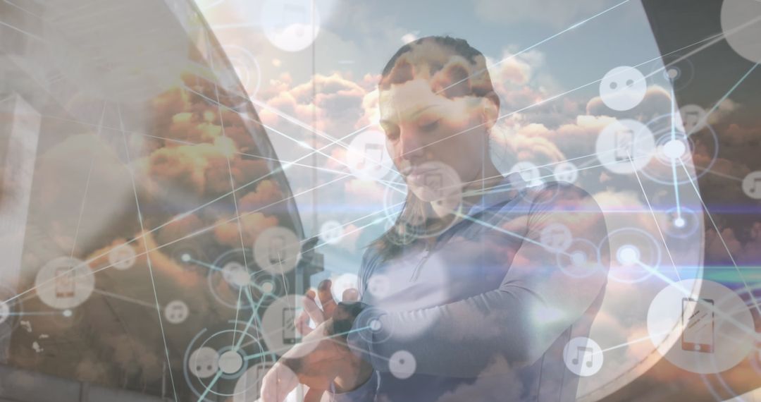 Athlete Using Smartwatch with Futuristic Digital Cloud Network Overlay