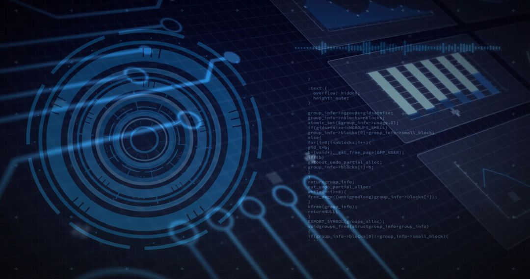 Holographic Circular HUD with Code Overlay and Data Visualization Dashboard Interface