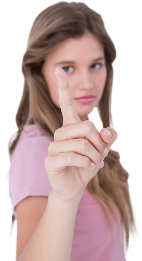 Blonde Woman Transparently Pointing in Pink Shirt