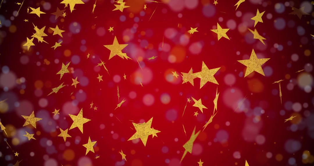 Festive Golden Stars on Vibrant Red Background with Bokeh Effect