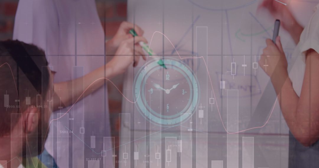 Business Team Collaborating on Strategy with Data Visualization Overlay