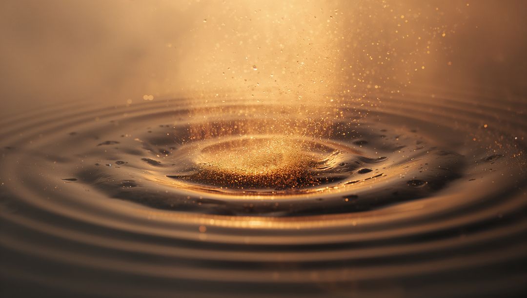 Golden Particles Creating Ripple on Liquid Surface with Warm Ambient Light
