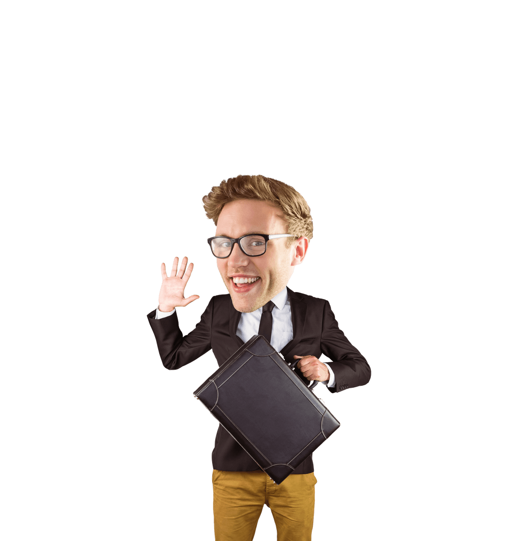 Smiling Transparent Businessman Waving with Large-headed Cartoon Style