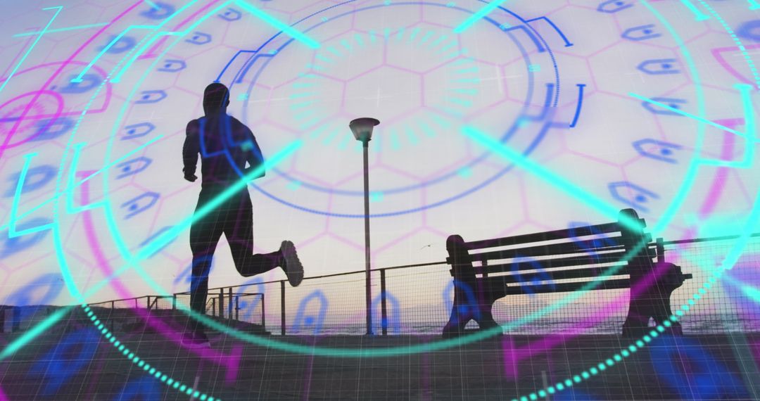 Digital Overlay on African American Man Running at Sunset