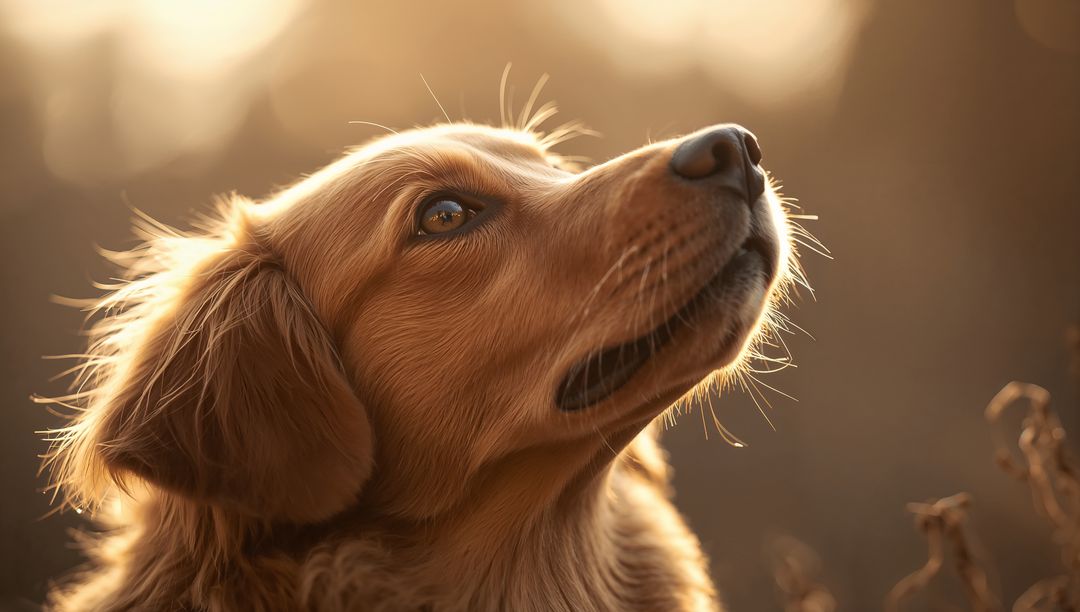 Golden Retriever Gazing Upward in Warm Backlight at Meadow Edge with Rimlit Whiskers