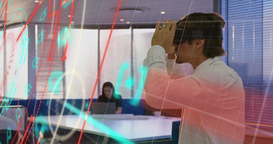 Man Wearing VR Headset Experiencing Futuristic Data Interface