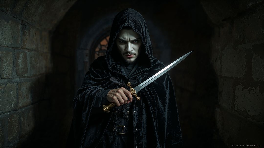 Mysterious hooded assassin figure with dagger in dim stone corridor