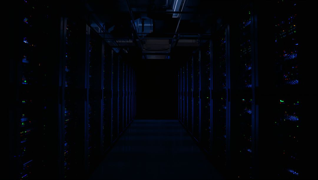 Dark data center aisle with rack servers and blue LED lights, dramatic symmetrical perspective