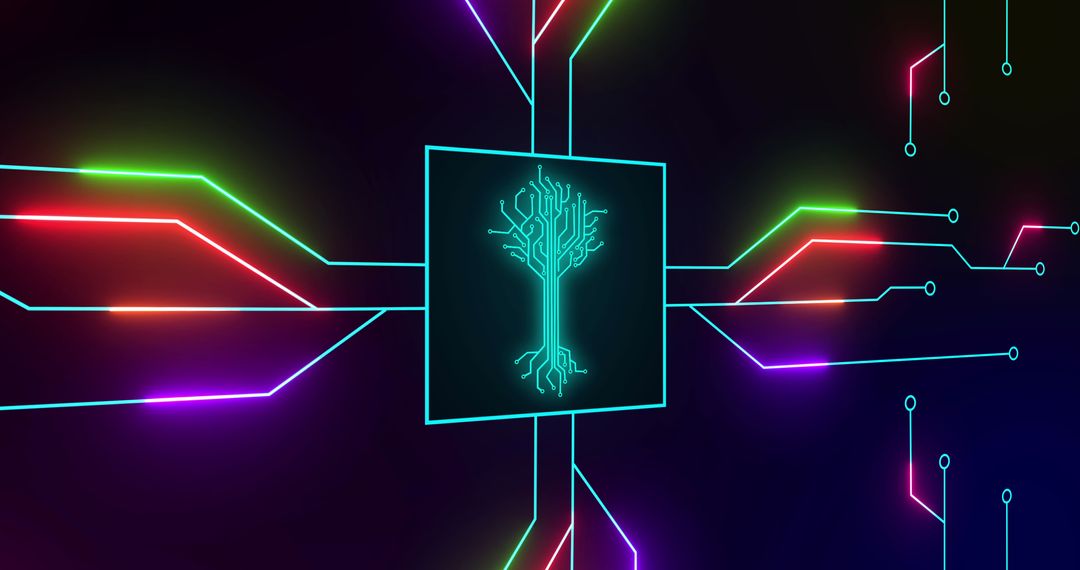 Digital Circuitry with Tree Symbol on Black Background