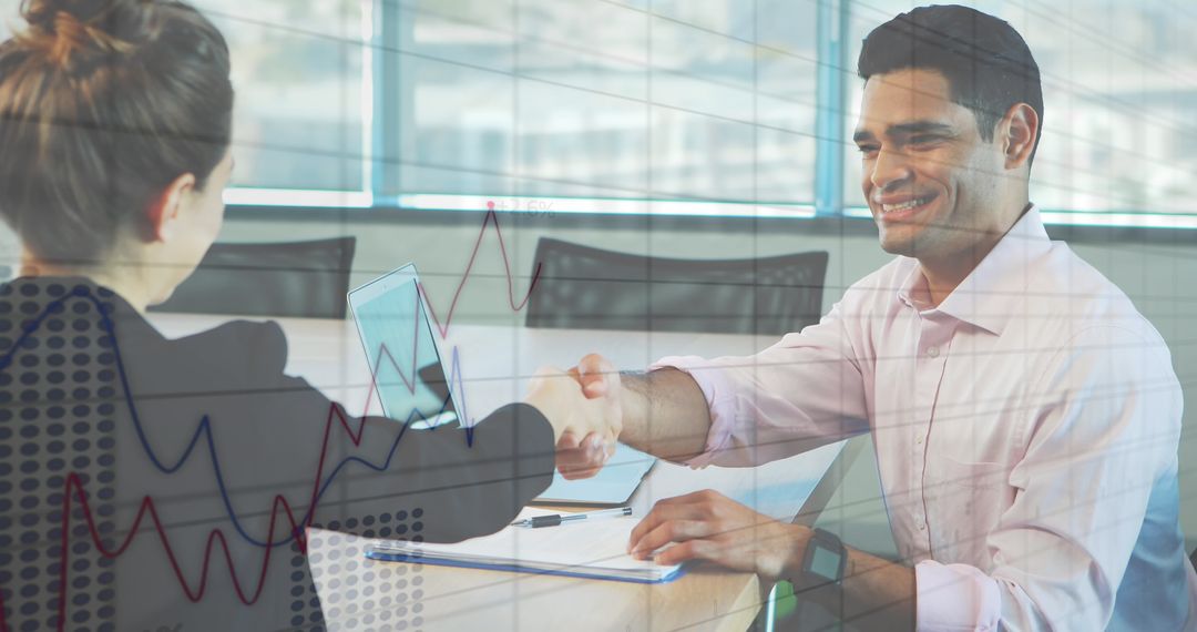 Business Meeting with Data Analysis Overlay in Modern Office