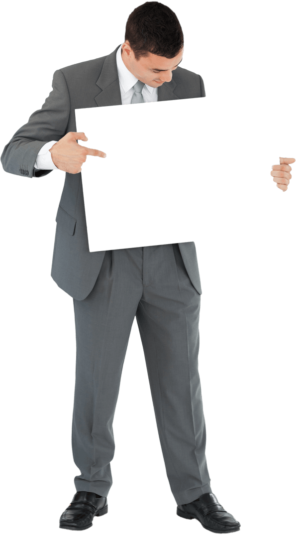 Businessman Pointing at Blank Transparent Card in Suit