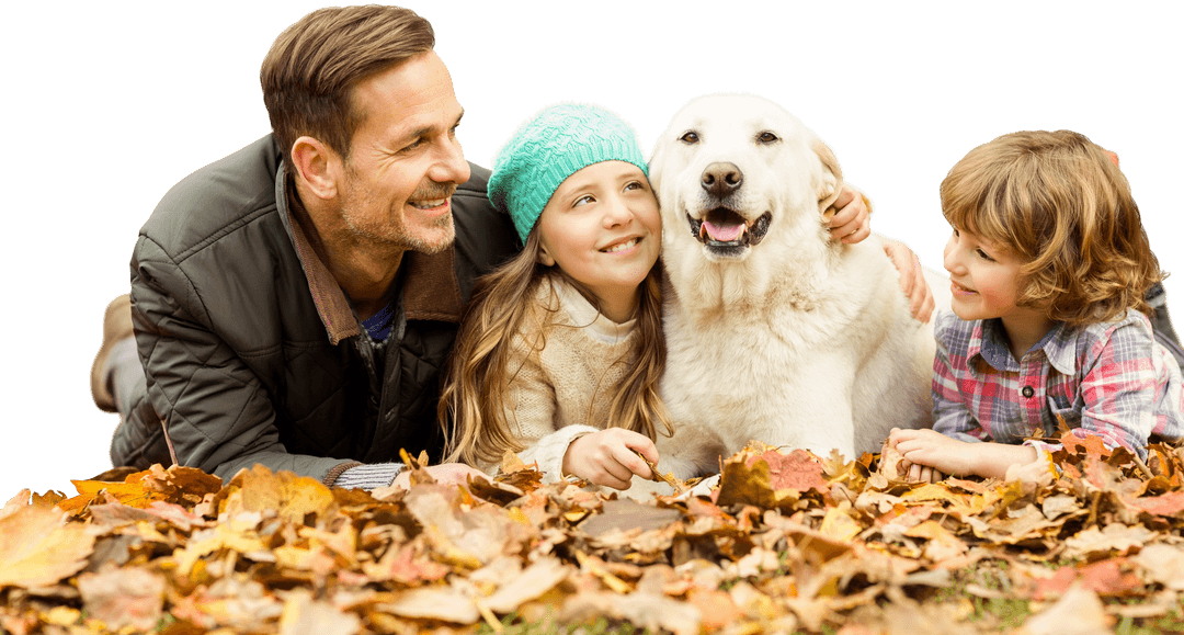 Transparent Autumn Scene with Smiling Family and Dog