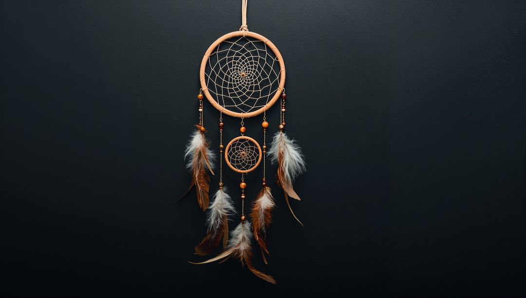Handmade Dreamcatcher with Feathers Against Dark Background