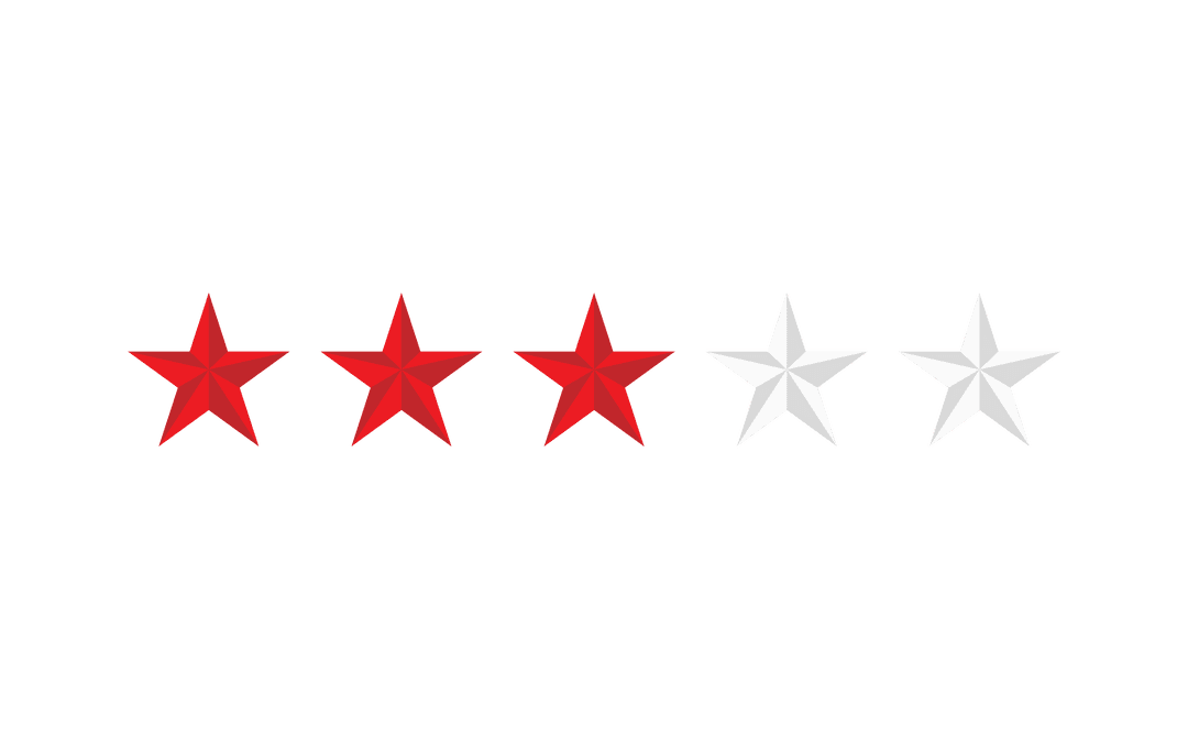 Transparent Three-Out-of-Five Red Star Rating on Clear Background