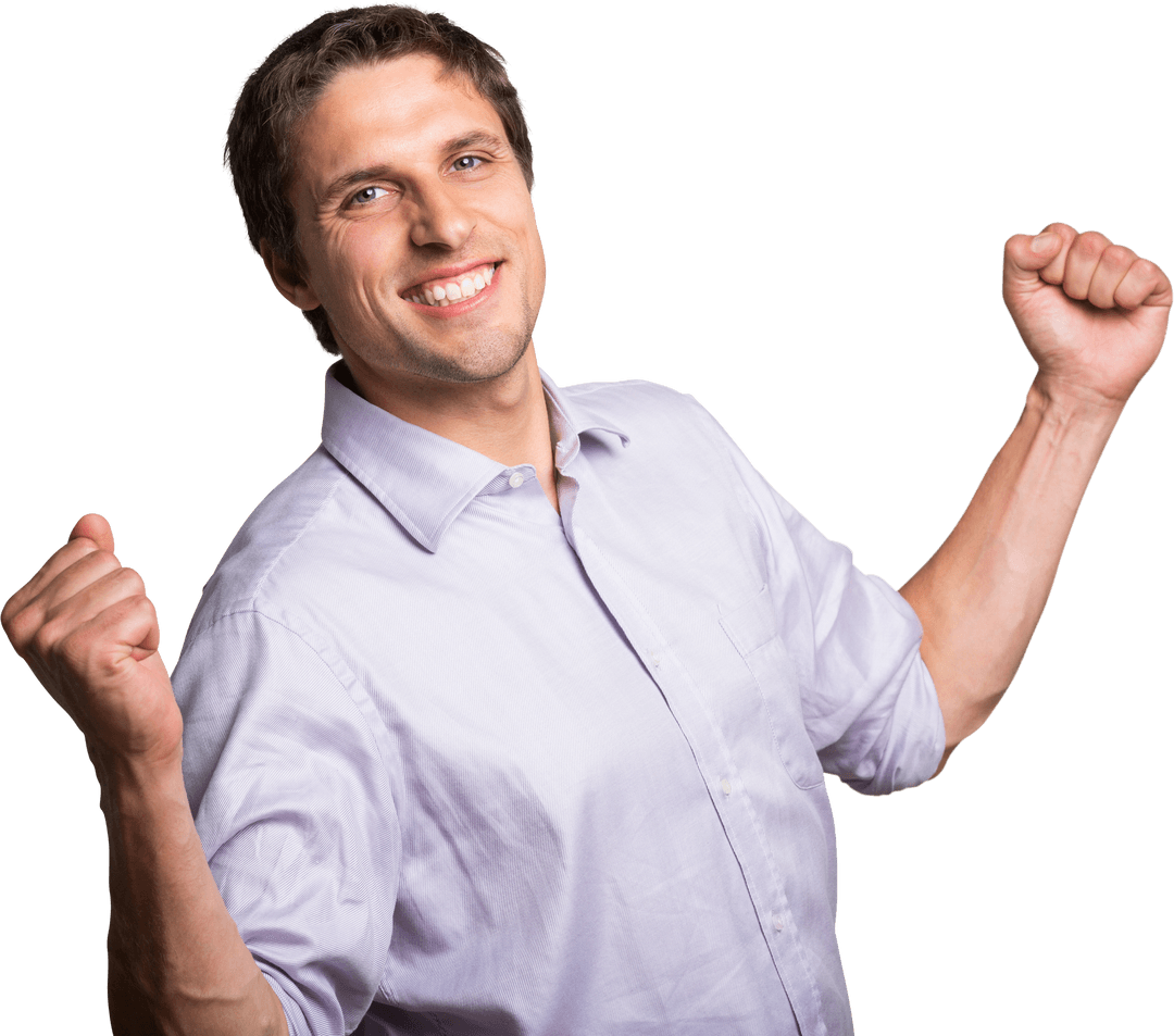 Transparent Joyful Young Businessman Cheering with Confidence