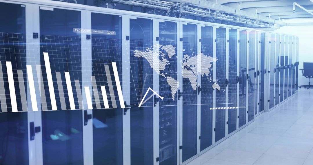 Server Rack Row Streaming Analytics Overlays Showing Global Network and Data Charts