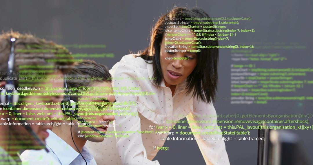 Diverse Colleagues Collaborating at Office with Digital Code Overlay