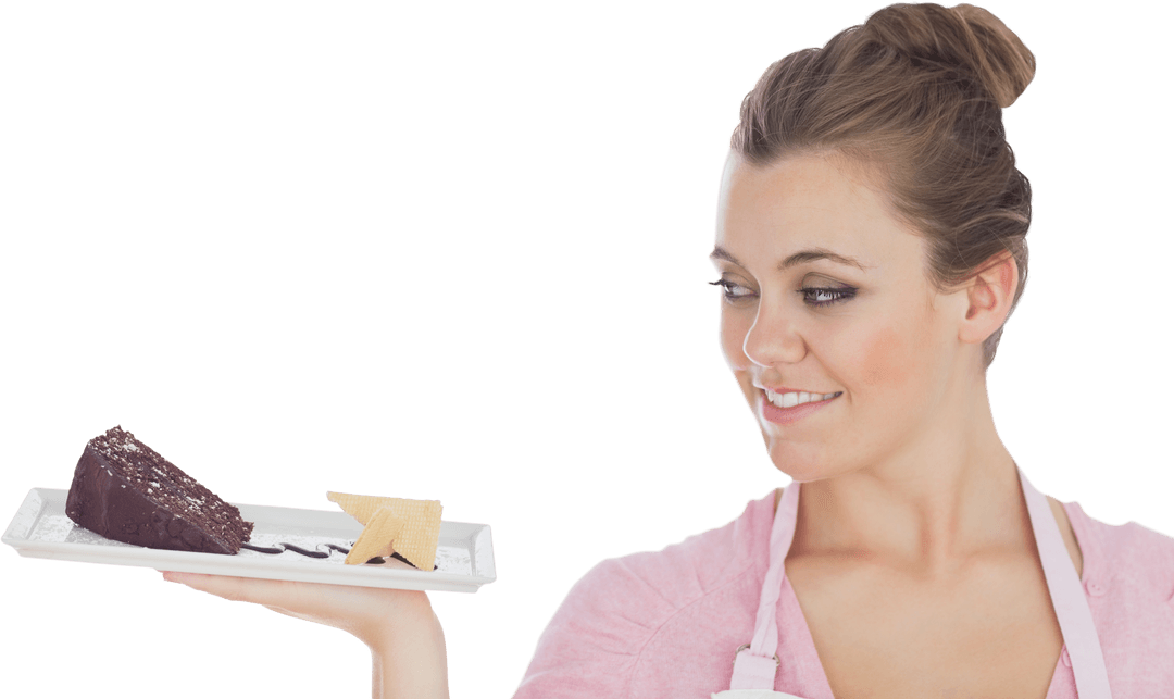 Smiling Woman Admiring Cake Slice on Transparent Background