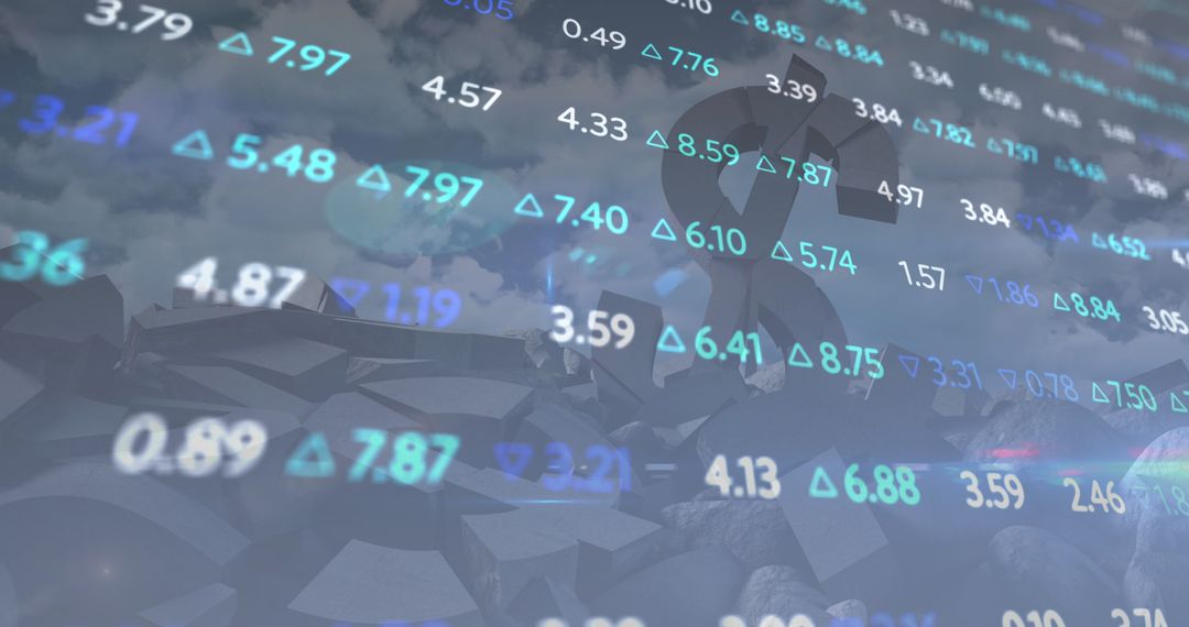 Digital Financial Data with Crashing Dollar Symbol in Background