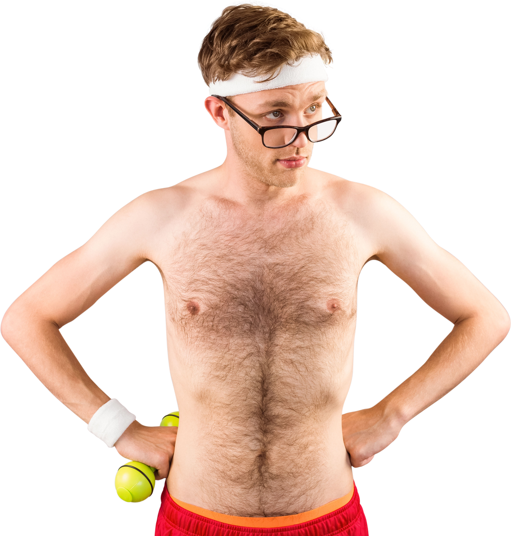 Skeptic sporty geek in glasses holding dumbbell, isolated, transparent - Download Free Stock Images Pikwizard.com