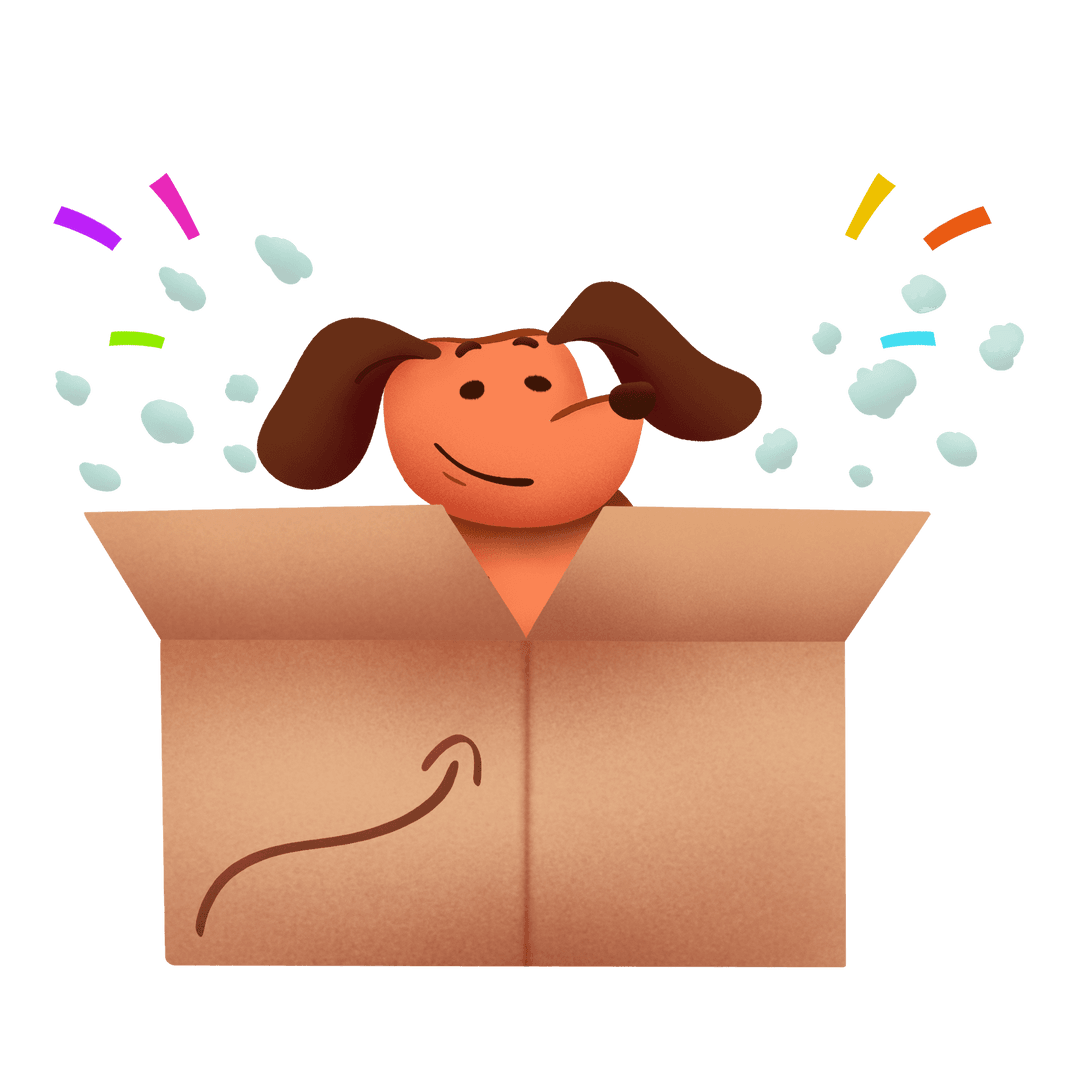Playful Orange Dog Popping from Box with Confetti and Arrow