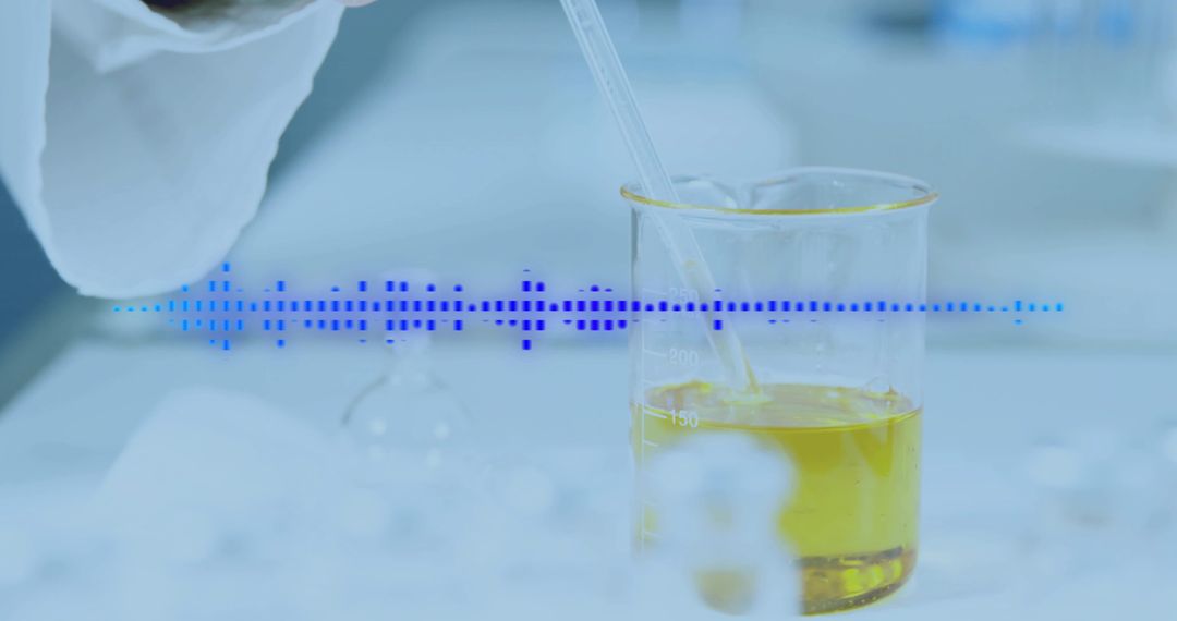 Pipetting Yellow Solution into Beaker with Digital Waveform Overlay in Laboratory