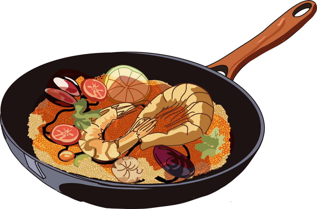 Appetizing Seafood Paella in Skillet on Transparent Background