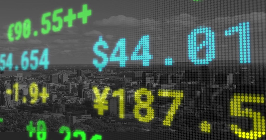 Financial Data Display with Cityscape Background Represents Connectivity